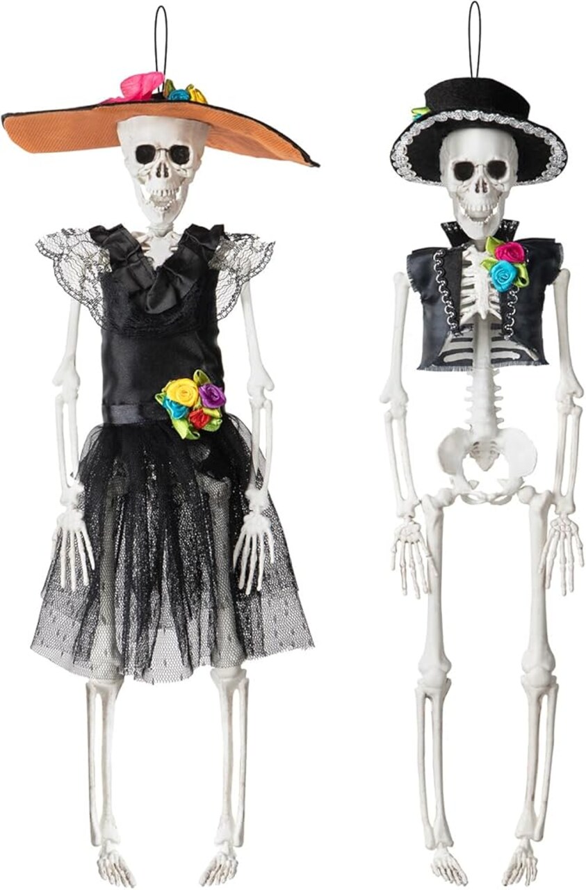 2 PCS Skeletons for Day of The Death Decorations, 16 Inch Posable Bride and Groom Skeleton Ornament, Figurines Halloween Decorations for Party, Graveyard, Haunted House Décor